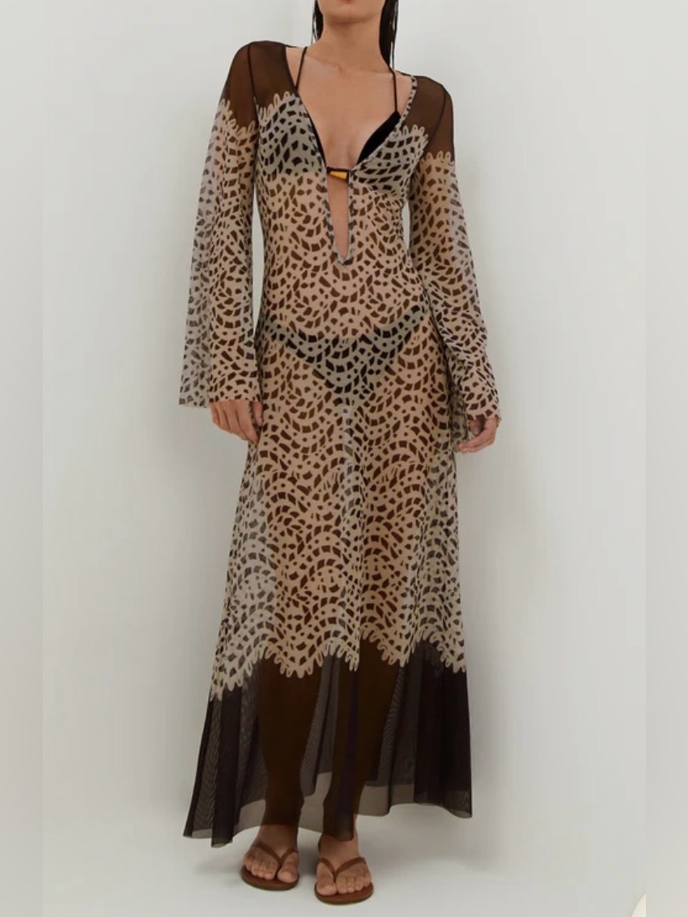 Caroline Constas Beige and Black Sheer Lace-Pattern Swim Coverup